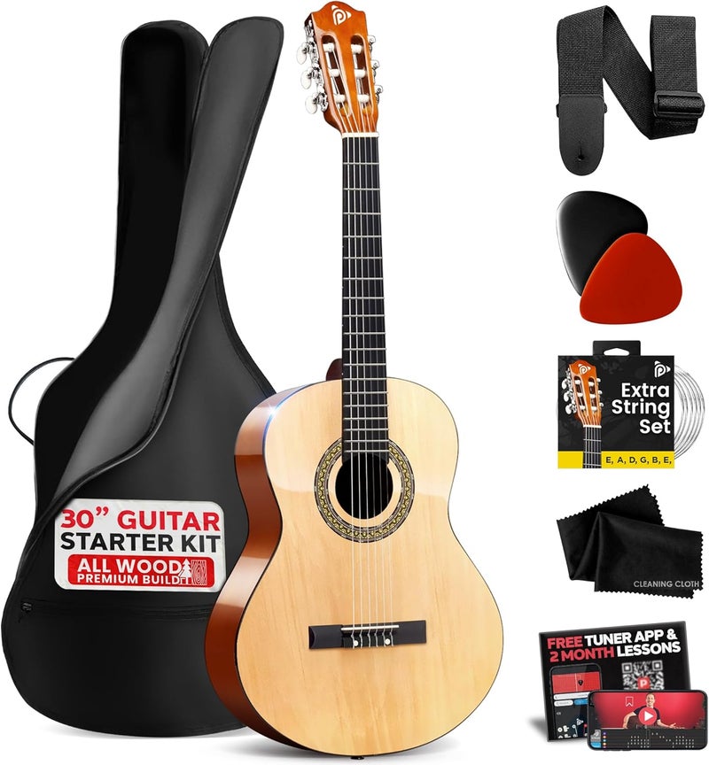 Pyle Beginner Acoustic Guitar Kit, 1/4 Junior Size All Wood Instrument for Kids, Adults, 30" Natural Ash - Image 1